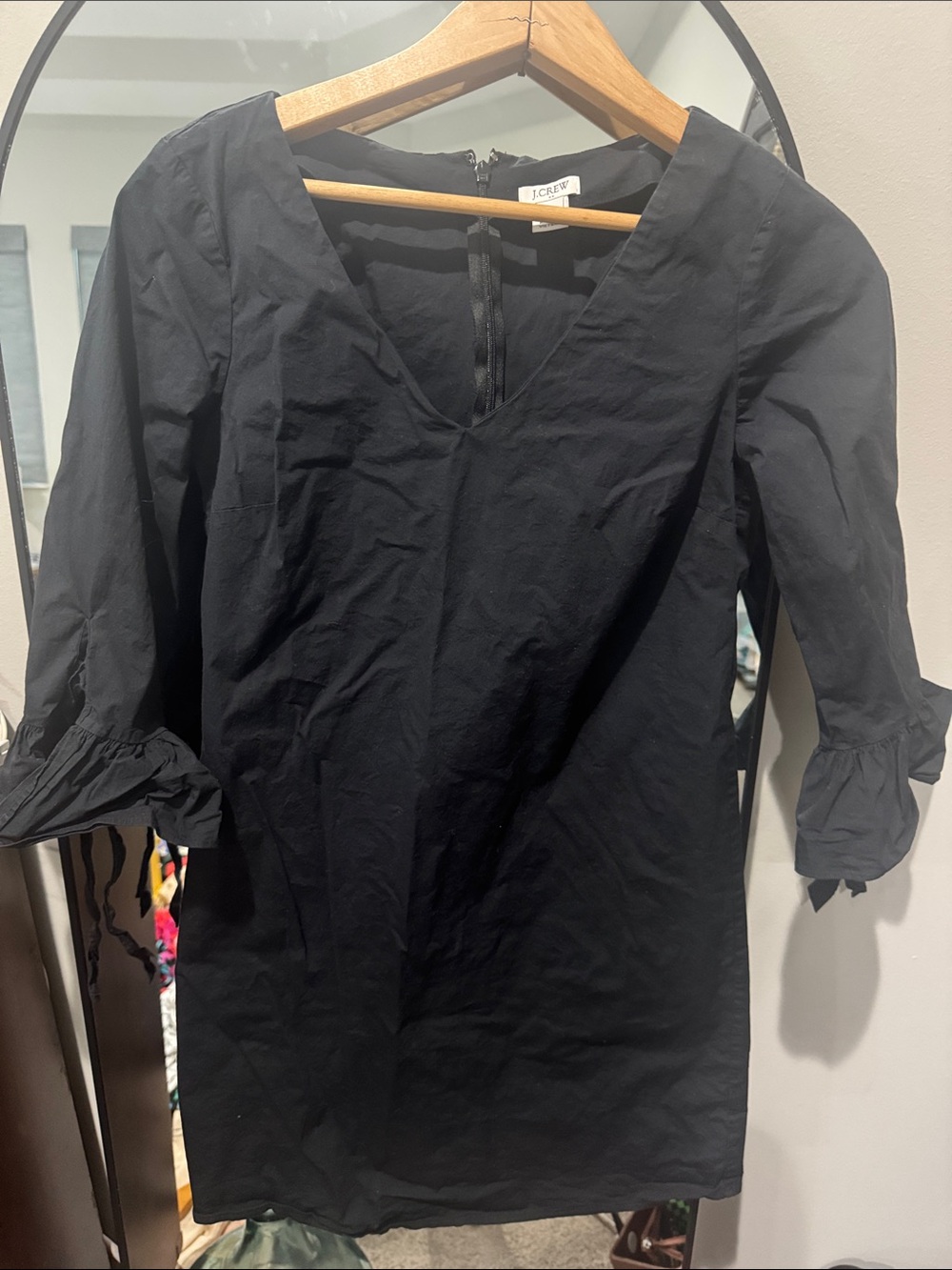 J. Crew Black V-Neck Mini Dress with Ruffle Cuffs